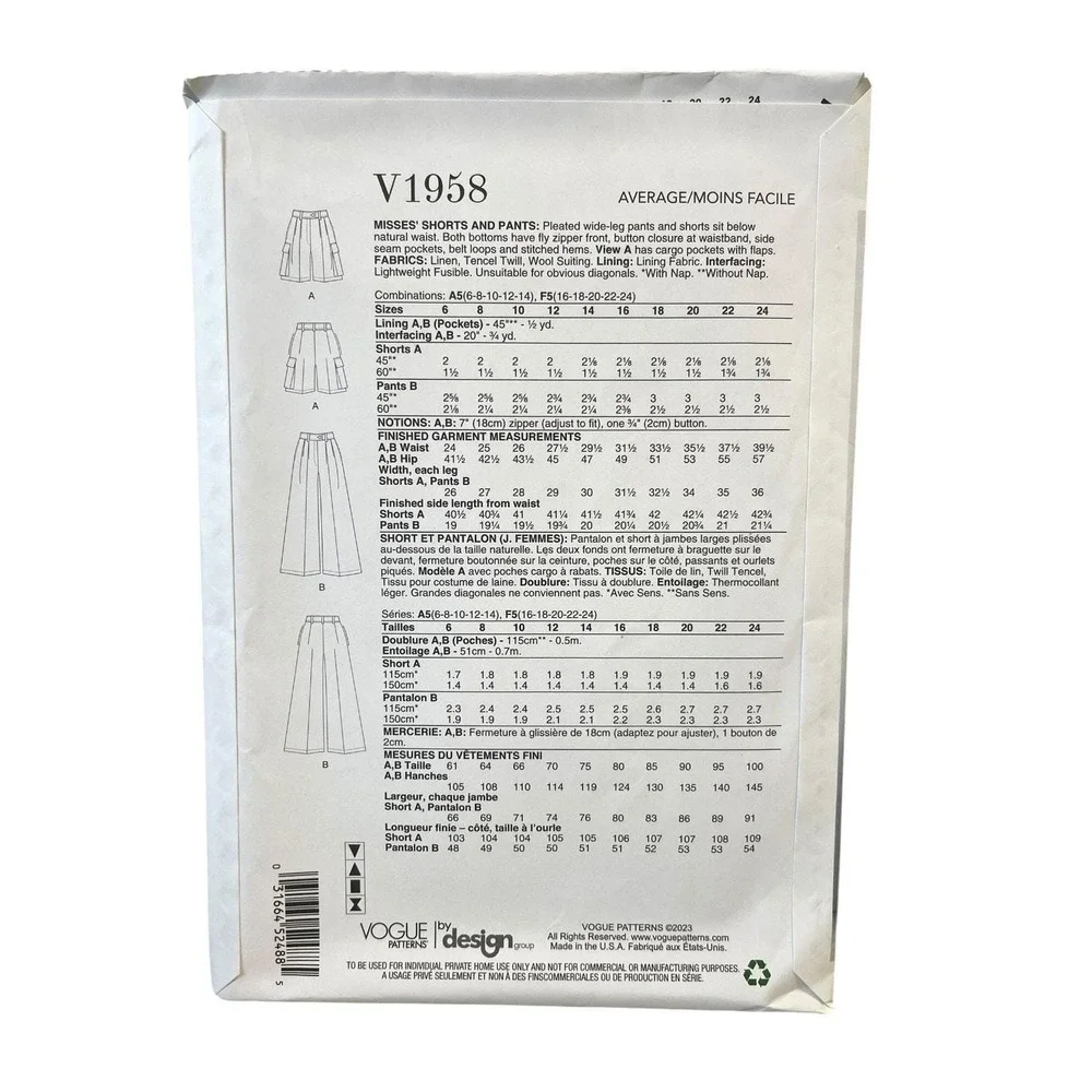 Vogue V1958 Misses Shorts & Pants Pattern A5 6-14 Pleated‎ Wide Leg Modern